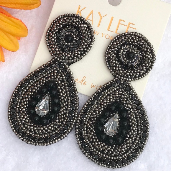 Large Boho Seed Bead Post Drop Rhinestone Earrings - Picture 4 of 4